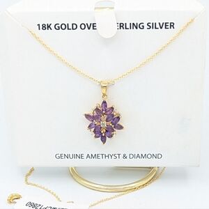 18kt Gold Over Sterling Silver Amethyst and Diamond Pendant Necklace NEW